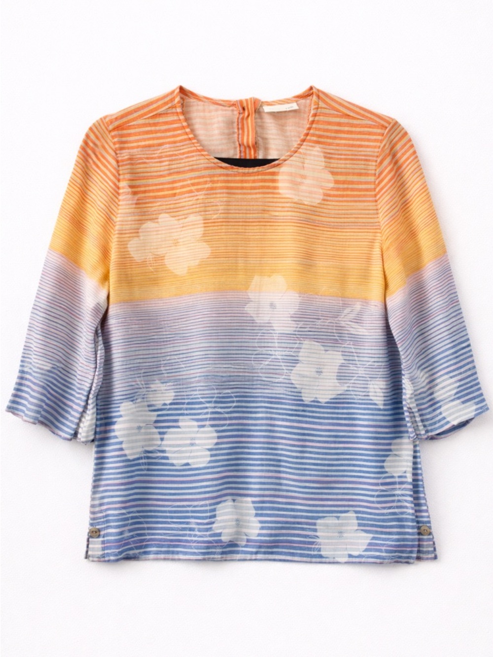 J.Jill Linen Striped Floral Top Blue Orange Lightweight Blouse Womens